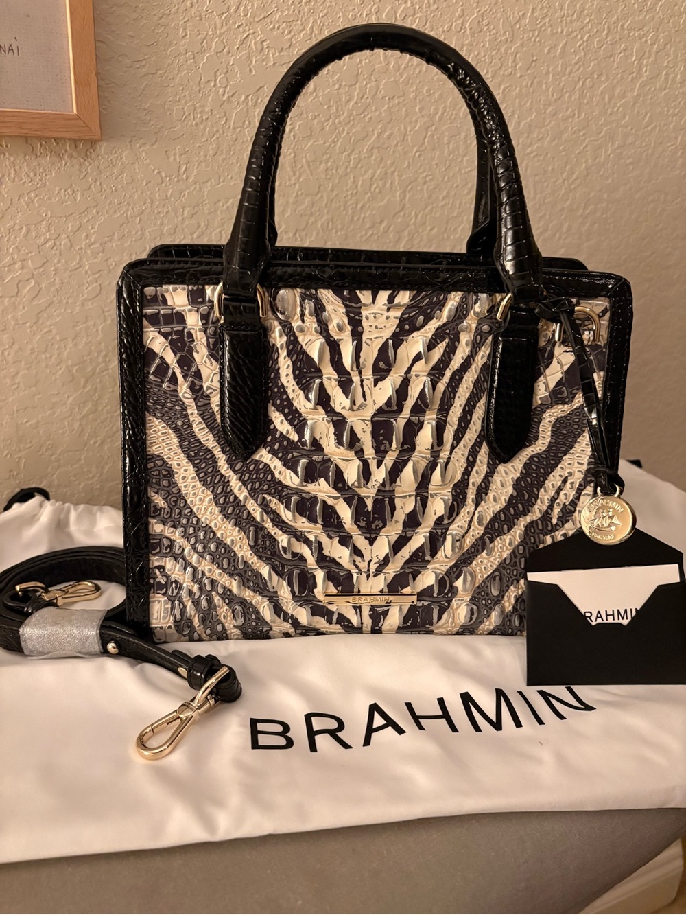 Brahmin Cami Black and Cream Zebra Embossed Satchel
